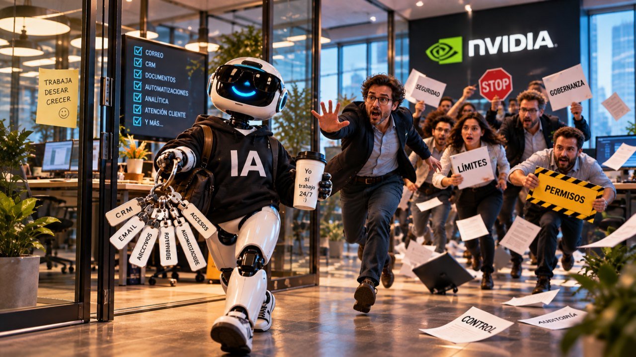 Robot con sudadera IA lleva las llaves de CRM, email y accesos mientras el equipo corre detrás con carteles de seguridad, permisos y gobernanza en una oficina NVIDIA